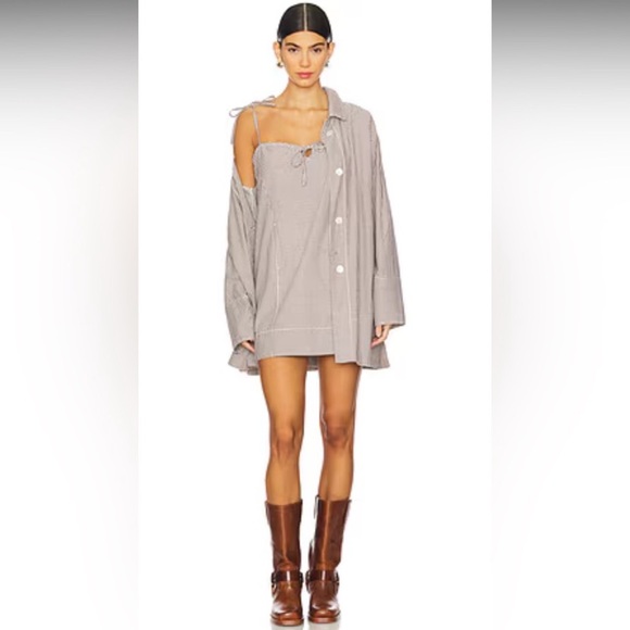 Free People Arlo Plaid Mini Dress Slouchy Sweetheart Neck  Medium Ivory Combo - Picture 6 of 16